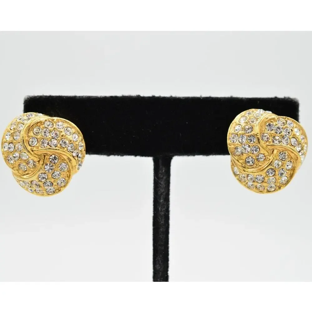 1980s Roman Vintage Earrings Sparkling Pave Rhinestone Crystal Gold Signed Bin1